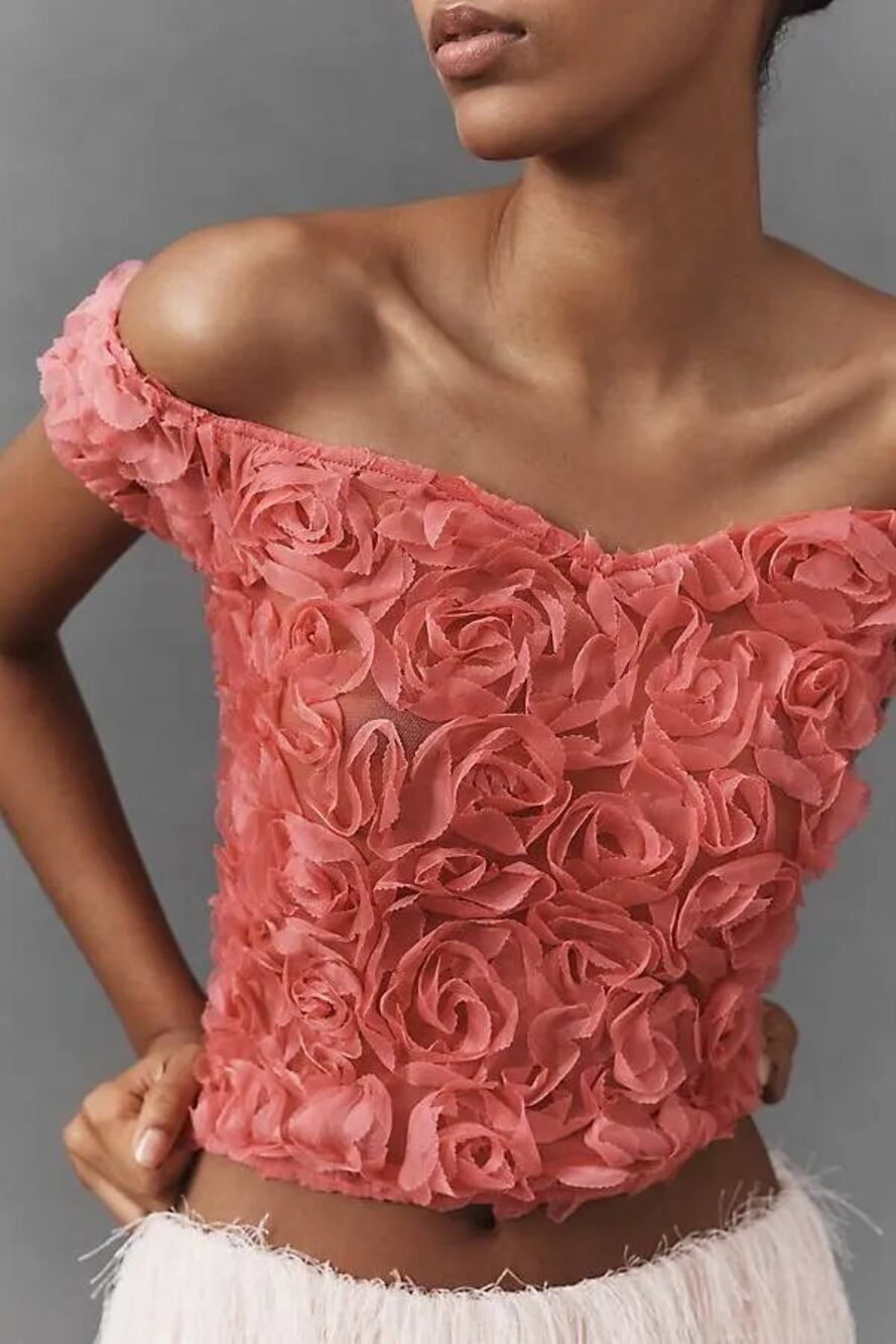 Maeve Rosette V‑Neck Sleeveless Top, in Coral Pink, Large